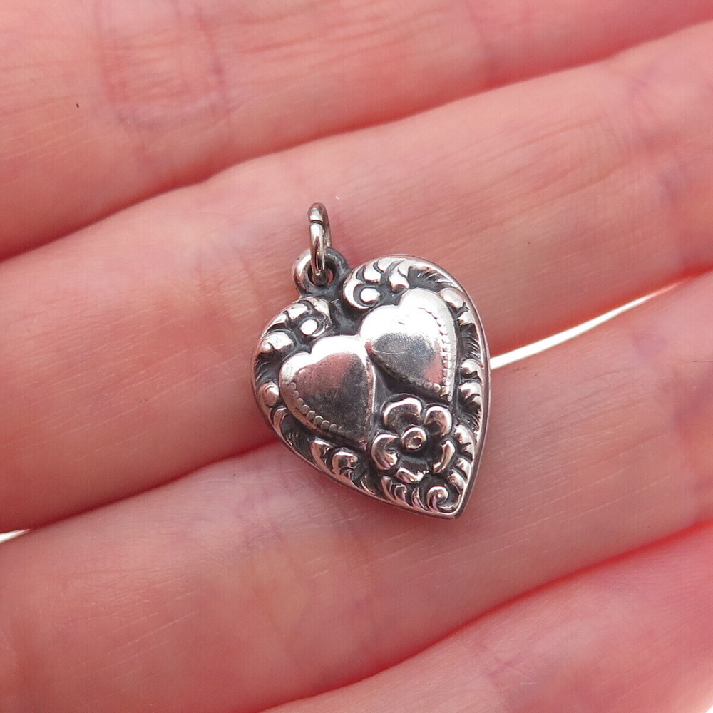 925 Sterling Silver Antique Art Deco Floral Couple Heart Chatelaine Pendant